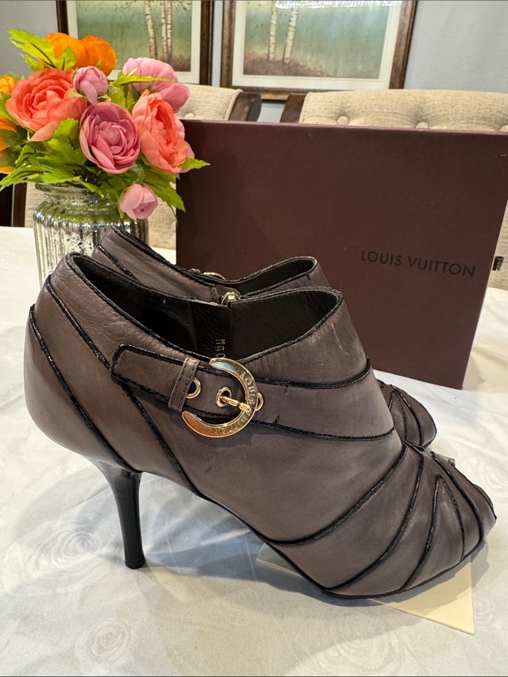 Authr Louis Vuitton Taupe Peep-Toe Leather Ankle Booties with Gold-Tone Buckle - Picture 2 of 15